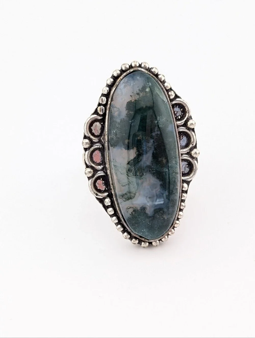 Moss Agate Oval Silver Statement Ring - Bohemian Jewelry - 8.5 - L